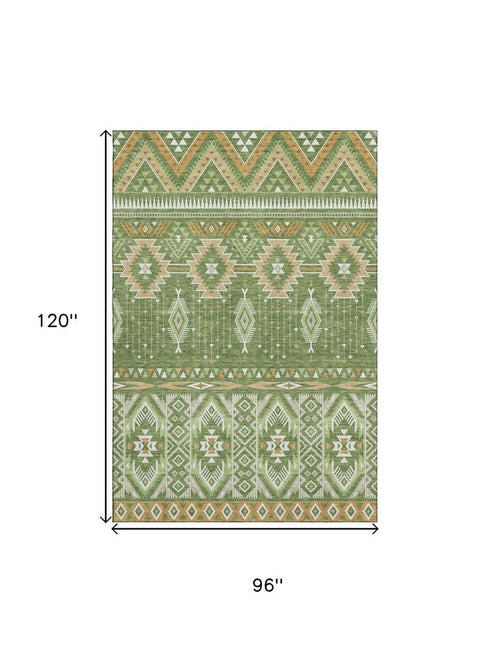 8' X 10' Green And Copper Tribal Washable Area Rug With UV Protection