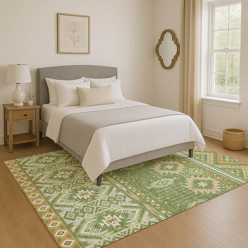 8' X 10' Green And Copper Tribal Washable Area Rug With UV Protection