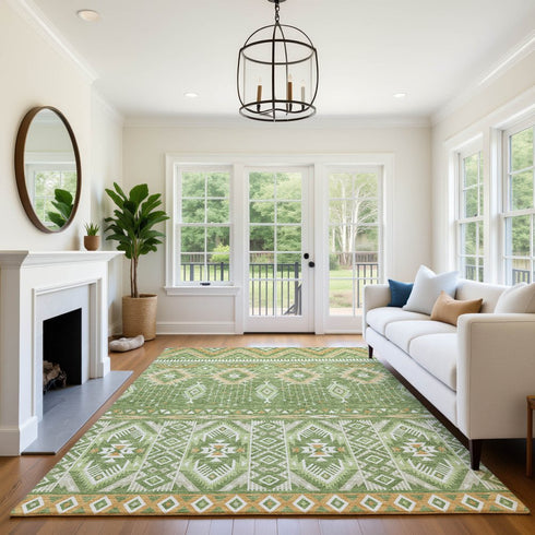 8' X 10' Green And Copper Tribal Washable Area Rug With UV Protection