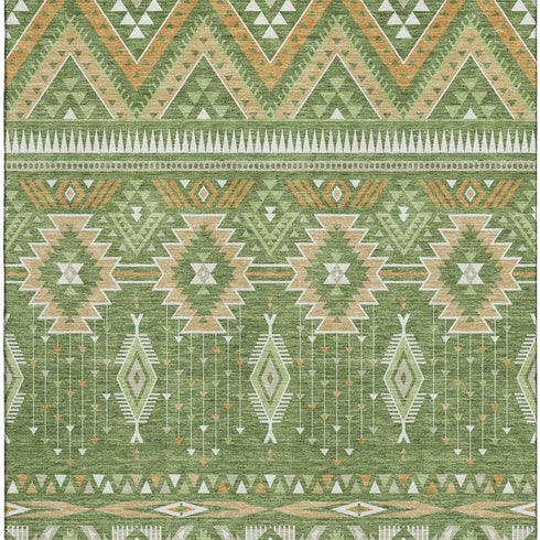 8' X 10' Green And Copper Tribal Washable Area Rug With UV Protection