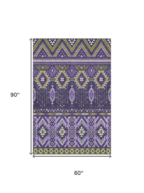 5' X 8' Purple And Fern Green Tribal Washable Area Rug With UV Protection