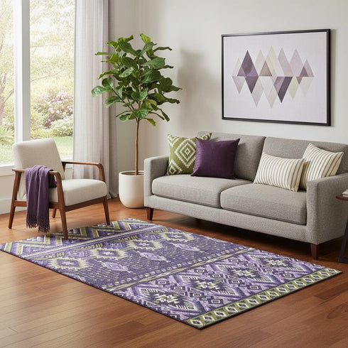 5' X 8' Purple And Fern Green Tribal Washable Area Rug With UV Protection