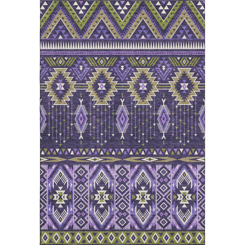 5' X 8' Purple And Fern Green Tribal Washable Area Rug With UV Protection