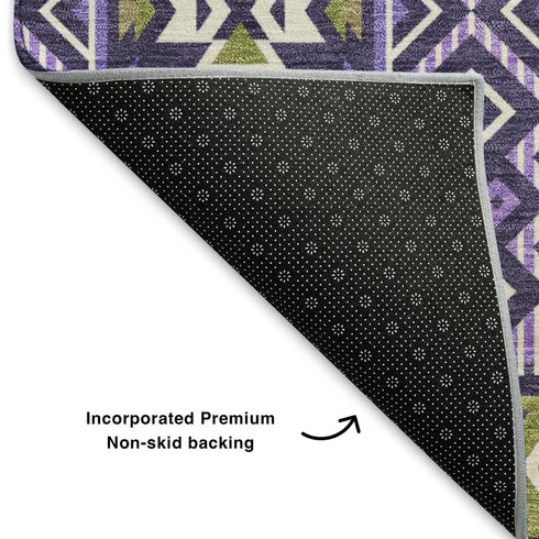 5' X 8' Purple And Fern Green Tribal Washable Area Rug With UV Protection