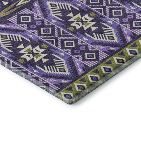 5' X 8' Purple And Fern Green Tribal Washable Area Rug With UV Protection