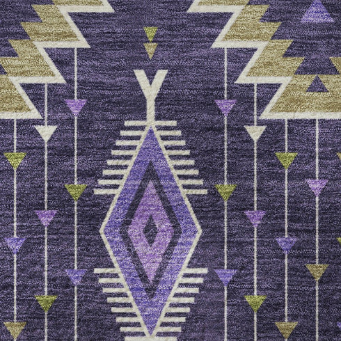 5' X 8' Purple And Fern Green Tribal Washable Area Rug With UV Protection