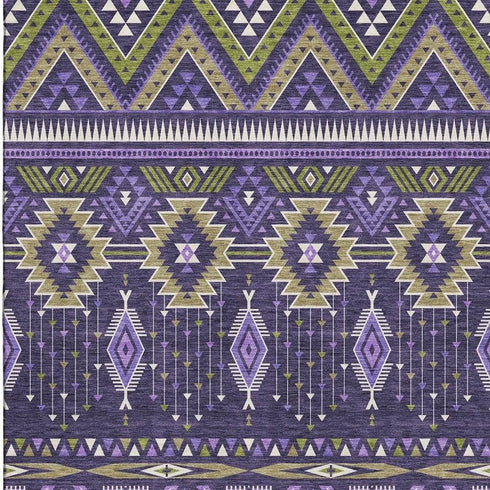 5' X 8' Purple And Fern Green Tribal Washable Area Rug With UV Protection