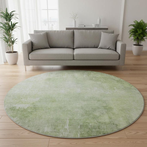 8' Artichoke Green And Ivory Abstract Washable Round Rug With UV Protection
