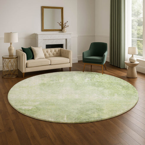 8' Artichoke Green And Ivory Abstract Washable Round Rug With UV Protection