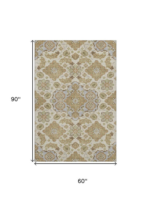 5' X 8' Beige And Tan Floral Medallion Washable Area Rug With UV Protection