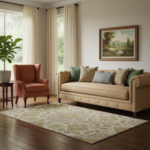 5' X 8' Beige And Tan Floral Medallion Washable Area Rug With UV Protection