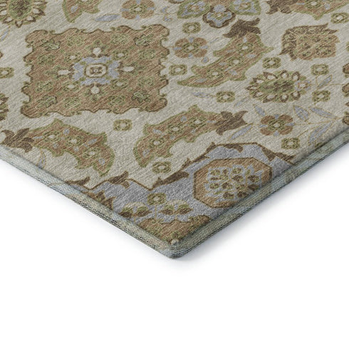 5' X 8' Beige And Tan Floral Medallion Washable Area Rug With UV Protection