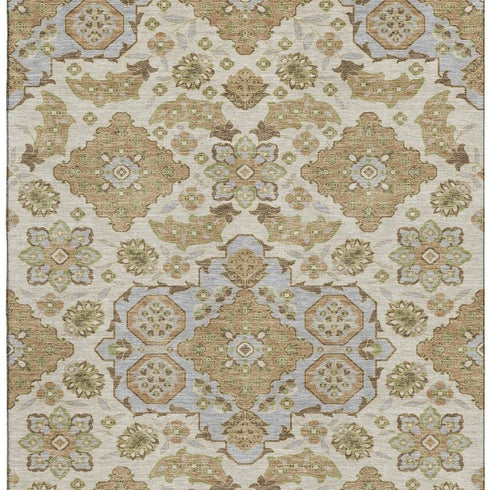 5' X 8' Beige And Tan Floral Medallion Washable Area Rug With UV Protection