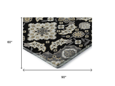 5' X 8' Black And Beige Floral Medallion Washable Area Rug With UV Protection