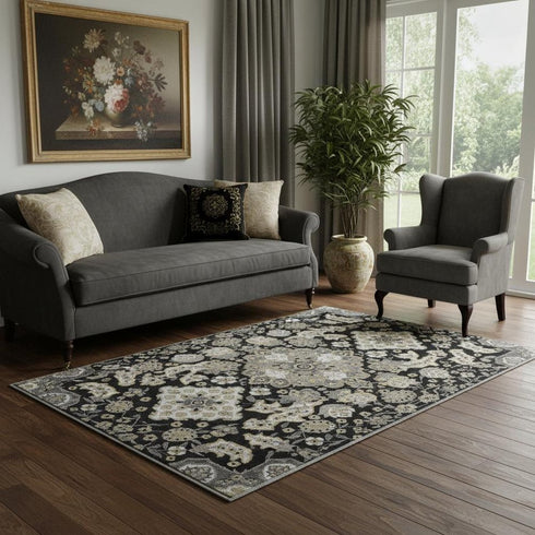 5' X 8' Black And Beige Floral Medallion Washable Area Rug With UV Protection