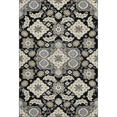 5' X 8' Black And Beige Floral Medallion Washable Area Rug With UV Protection