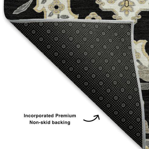 5' X 8' Black And Beige Floral Medallion Washable Area Rug With UV Protection