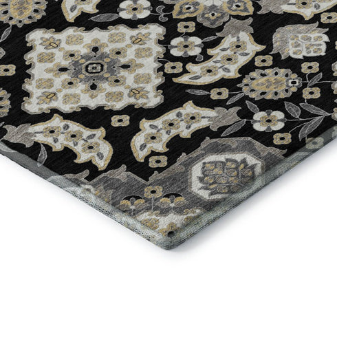 5' X 8' Black And Beige Floral Medallion Washable Area Rug With UV Protection