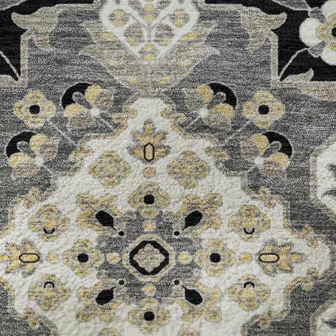 5' X 8' Black And Beige Floral Medallion Washable Area Rug With UV Protection