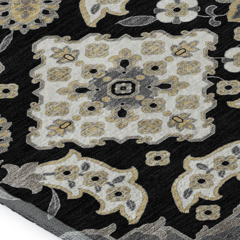5' X 8' Black And Beige Floral Medallion Washable Area Rug With UV Protection