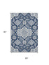5' X 8' Blue And Ivory Floral Medallion Washable Area Rug With UV Protection