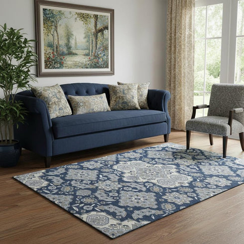 5' X 8' Blue And Ivory Floral Medallion Washable Area Rug With UV Protection