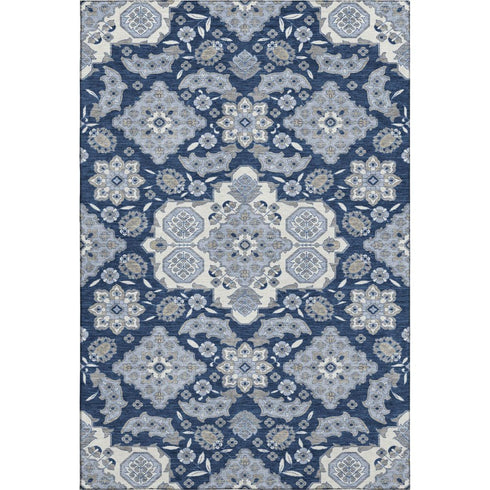 5' X 8' Blue And Ivory Floral Medallion Washable Area Rug With UV Protection
