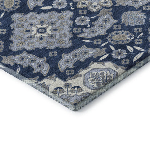 5' X 8' Blue And Ivory Floral Medallion Washable Area Rug With UV Protection
