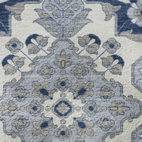 5' X 8' Blue And Ivory Floral Medallion Washable Area Rug With UV Protection