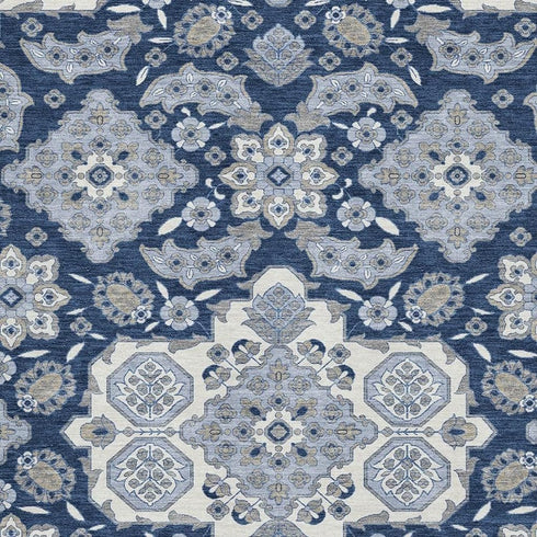 5' X 8' Blue And Ivory Floral Medallion Washable Area Rug With UV Protection