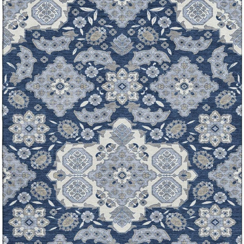 5' X 8' Blue And Ivory Floral Medallion Washable Area Rug With UV Protection