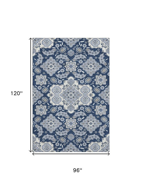8' X 10' Blue And Ivory Floral Medallion Washable Area Rug With UV Protection