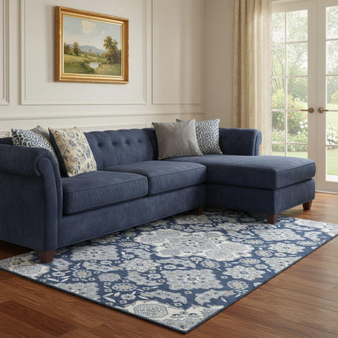 8' X 10' Blue And Ivory Floral Medallion Washable Area Rug With UV Protection