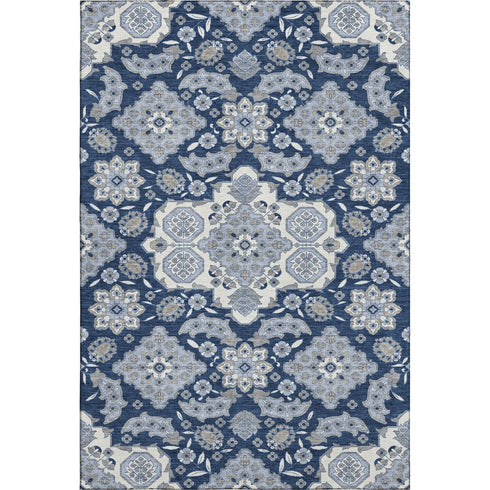 8' X 10' Blue And Ivory Floral Medallion Washable Area Rug With UV Protection