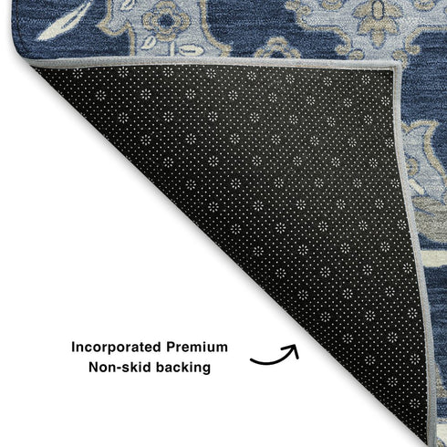 8' X 10' Blue And Ivory Floral Medallion Washable Area Rug With UV Protection