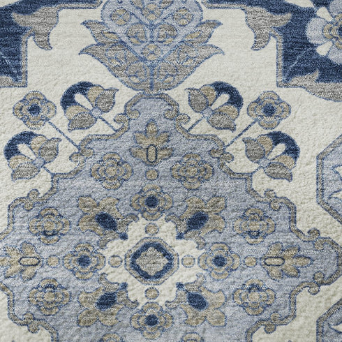 8' X 10' Blue And Ivory Floral Medallion Washable Area Rug With UV Protection