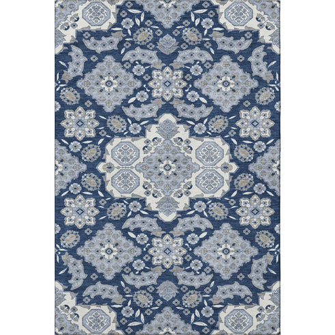 8' X 10' Blue And Ivory Floral Medallion Washable Area Rug With UV Protection
