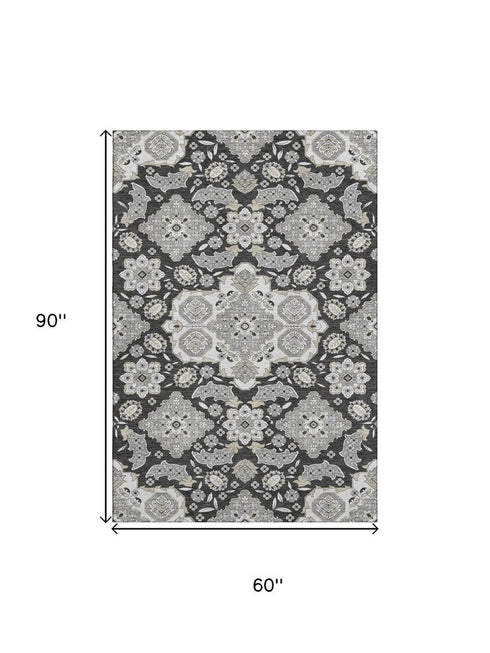 5' X 8' Charcoal And Gray Floral Medallion Washable Area Rug With UV Protection