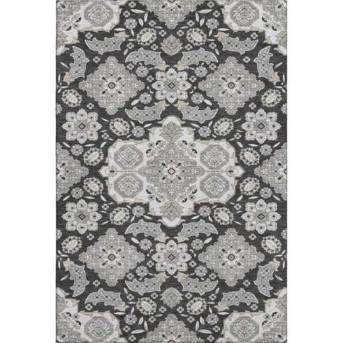 5' X 8' Charcoal And Gray Floral Medallion Washable Area Rug With UV Protection