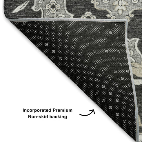 5' X 8' Charcoal And Gray Floral Medallion Washable Area Rug With UV Protection