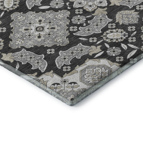 5' X 8' Charcoal And Gray Floral Medallion Washable Area Rug With UV Protection