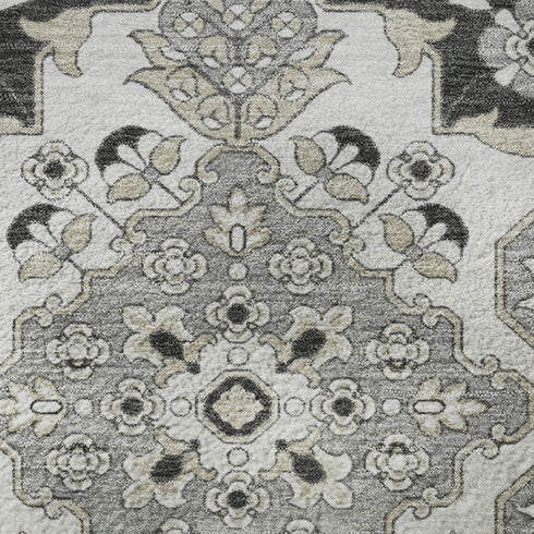 5' X 8' Charcoal And Gray Floral Medallion Washable Area Rug With UV Protection