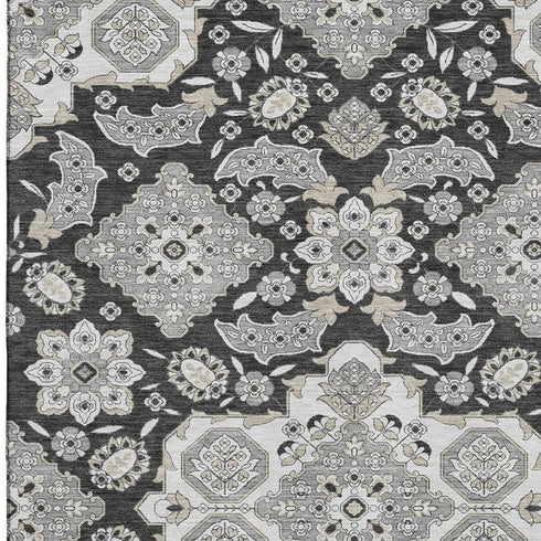 5' X 8' Charcoal And Gray Floral Medallion Washable Area Rug With UV Protection