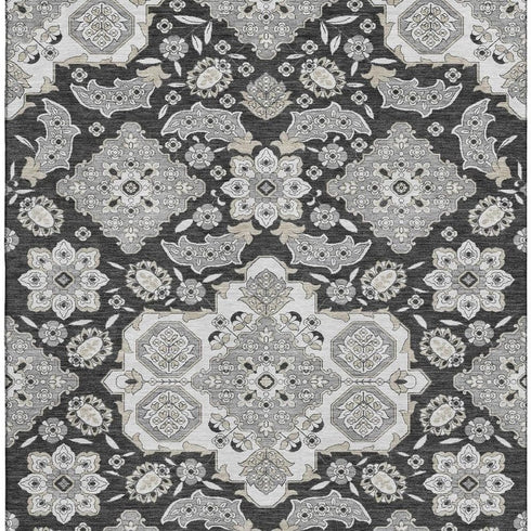 5' X 8' Charcoal And Gray Floral Medallion Washable Area Rug With UV Protection