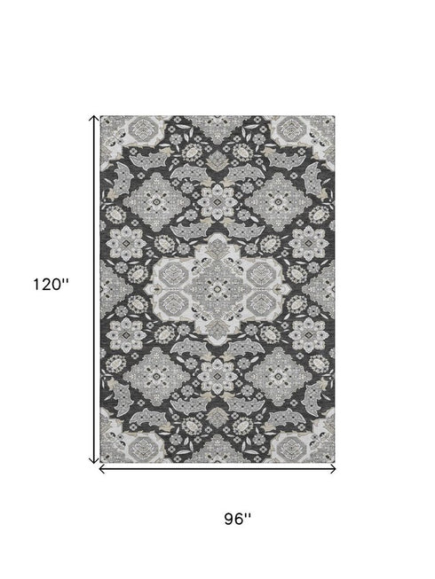 8' X 10' Charcoal And Gray Floral Medallion Washable Area Rug With UV Protection