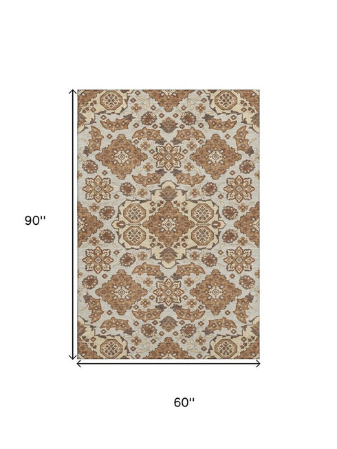 5' X 8' Copper And Beige Floral Medallion Washable Area Rug With UV Protection