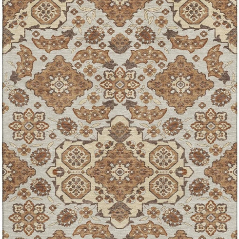 5' X 8' Copper And Beige Floral Medallion Washable Area Rug With UV Protection
