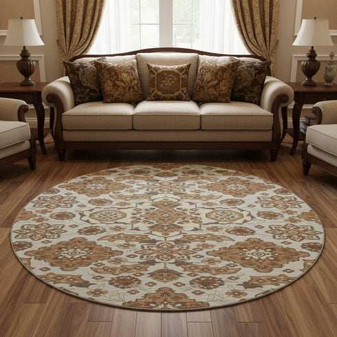 8' Copper And Beige Floral Medallion Washable Round Rug With UV Protection