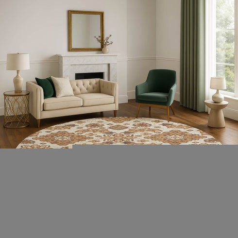 8' Copper And Beige Floral Medallion Washable Round Rug With UV Protection