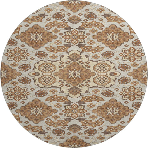 8' Copper And Beige Floral Medallion Washable Round Rug With UV Protection